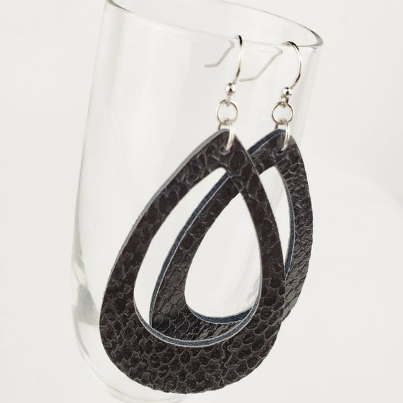 Black Textured Teardrop Faux Leather Earrings - Picture 3 of 4